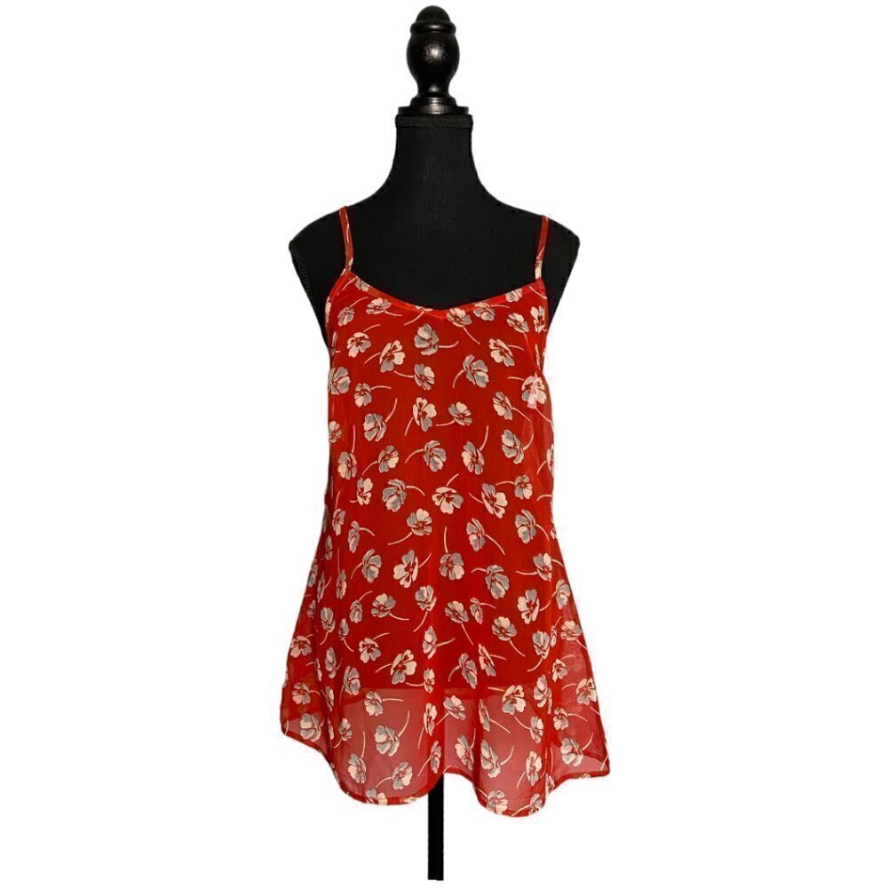 Free People Floral Red Sheer Tank Top, Flowy Camisole, Boho Size XS